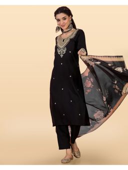 KVS FAB - Black Polly Slub Zari Sequence Thread Embroidered Kurta, Pant & Dupatta (Set of 3)