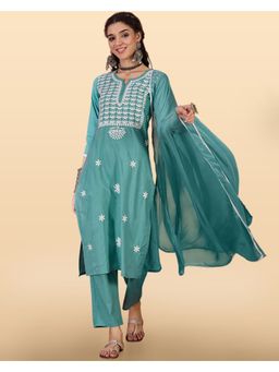 KVS FAB - Sky Blue Camric Thread Embroidered Kurta with Pant and Dupatta (Set of 3)