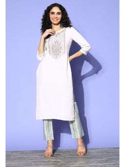 KVS FAB - Off White Ruby Silk Solid Zari Embroidery Kurta with Pant (Set of 2)