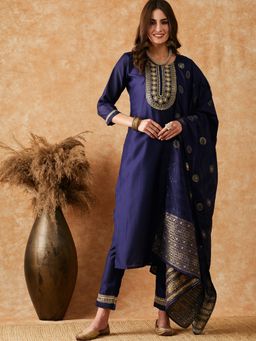 KVS FAB - Blue Silk Blend Zari Sequence Embroidered Kurta with Pant and Dupatta (Set of 3)