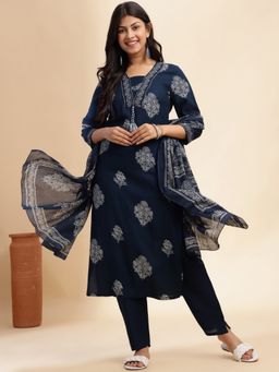 Vbuyz - Blue Floral Print Straight Cotton Stitched Kurta with Pant and Dupatta (Set of 3)