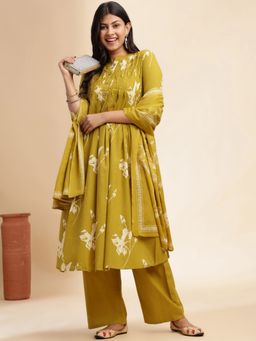 Vbuyz - Mustard Floral Print A-Line Cotton Stitched Kurta Pant with Dupatta (Set of 3)