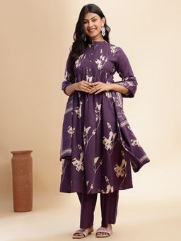 Vbuyz - Wine Floral Print A-Line Cotton Stitched Kurta Pant with Dupatta (Set of 3)