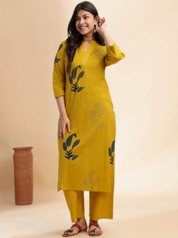 Vbuyz - Mustard Leaf Straight Cotton Stitched Kurta with Pant (Set of 2)