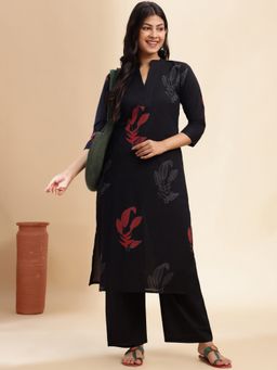 Vbuyz - Black Leaf Straight Cotton Stitched Kurta with Pant (Set of 2)
