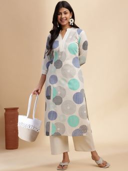 Vbuyz - Off-White Geometric Printed Straight Cotton Flex Stitched Kurta with Pant (Set of 2)