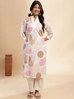 Vbuyz - Off-White Geometric Printed Straight Cotton Flex Stitched Kurta with Pant (Set of 2)