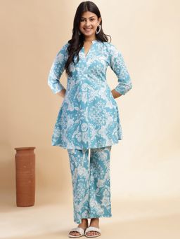 Vbuyz - Turquoise Floral Print Flare Cotton Stitched Co-Ord (Set of 2)