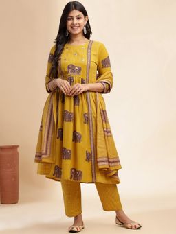 Vbuyz - Mustard Animal Print Anarkali Cotton Stitched Kurta Pant and Dupatta (Set of 3)