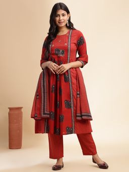 Vbuyz - Maroon Animal Print Anarkali Cotton Stitched Kurta Pant and Dupatta (Set of 3)