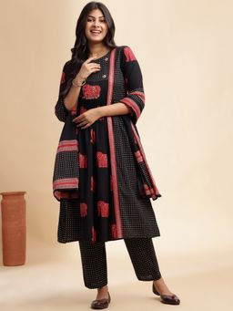 Vbuyz - Black Animal Print Anarkali Cotton Stitched Kurta Pant and Dupatta (Set of 3)