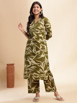 Vbuyz - Mehendi Green Printed Straight Cotton Stitched Kurta with Pant (Set of 2)