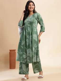 Vbuyz - Pista Green Leaf A-Line Cotton Stitched Kurta with Pant (Set of 2)