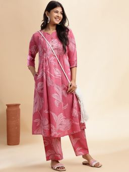 Vbuyz - Pink Leaf A-Line Cotton Stitched Kurta with Palazzo (Set of 2)