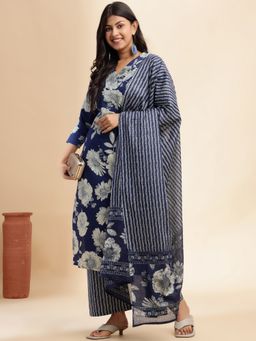 Vbuyz - Blue Floral Print Straight Cotton Stitched Kurta Palazzo and Dupatta (Set of 3)