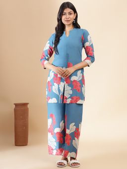 Vbuyz - Aqua Blue Floral Print Straight Cotton Stitched Co-Ord (Set of 2)