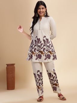 Vbuyz - Purple Floral Print A-Line Cotton Flex Stitched Co-Ord (Set of 2)