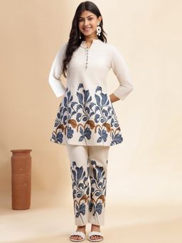 Vbuyz - Blue Floral Print A-Line Cotton Flex Stitched Co-Ord (Set of 2)