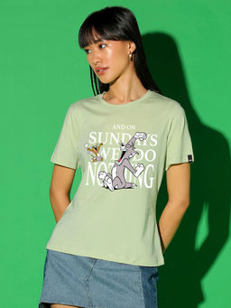 Bewakoof - Official Tom & Jerry Women's Green Sundays We Do Nothing Graphic Printed T-shirt