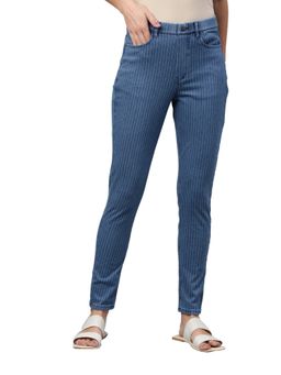 Go Colors - Women Dark Blue Striped Denim Jeggings