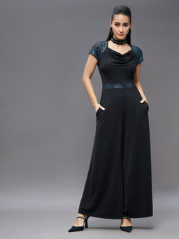 Miss Chase - Women's Black Raglan Sleeve All That Glitter Wide Leg Party Jumpsuit