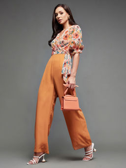 Miss Chase - Women's Multicolored-Base-Dusty Orange V-Neck Floral Printed Wrap Jumpsuit