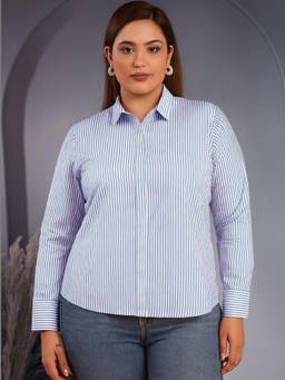 Oh Rare - Women Blue Stripes Polycotton Shirt
