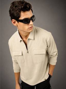 MANIAC - Beige Cotton Solid Oversized Polo T-Shirt