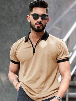 MANIAC - Men Beige Cotton Textured Polo T-Shirt