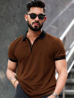 MANIAC - Brown Cotton Textured Polo T-Shirt