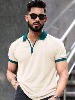 MANIAC - Cream Cotton Textured Polo T-Shirt