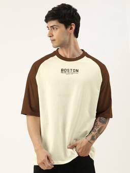 MANIAC - Men'S Beige Cotton Colorblock Oversized T-Shirt
