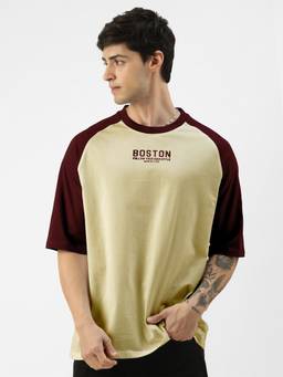 MANIAC - Beige Men Cotton Colorblock Oversized T-Shirt