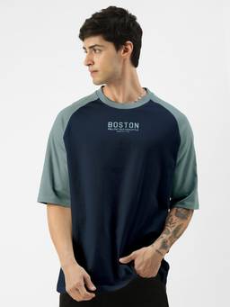 MANIAC - Men Navy Blue Cotton Colorblock Oversized T-Shirt