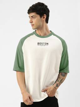 MANIAC - Green Mens Cotton Colorblock Oversized T-Shirt