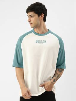 MANIAC - Blue Cotton Colorblock Oversized T-Shirt