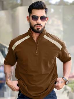 MANIAC - Men Brown Cotton Colorblock T-Shirt
