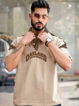 MANIAC - Men Beige Cotton Printed Polo T-Shirt