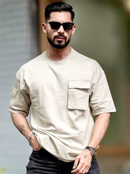 MANIAC - Beige Cotton Solid T-Shirt