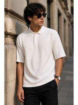 MANIAC - Off White Cotton Textured Polo T-Shirt