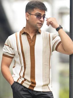 MANIAC - Men Beige Cotton Stripes Polo T-Shirt
