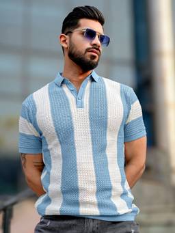 MANIAC - Blue Cotton Stripes Polo T-Shirt