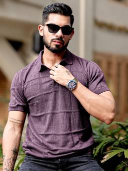 MANIAC - Lavender Cotton Self Design Polo T-Shirt