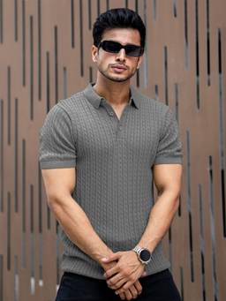 MANIAC - Men Grey Cotton Self Design Polo T-Shirt