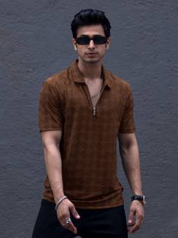 MANIAC - Men Brown Cotton Self Design Polo T-Shirt