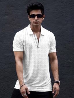 MANIAC - Men White Cotton Self Design Polo T-Shirt