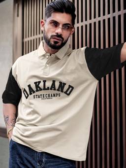 MANIAC - Mens Beige Cotton Printed Oversized Polo T-Shirt