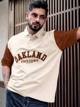 MANIAC - Men'S Beige Cotton Printed Oversized Polo T-Shirt