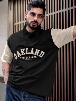 MANIAC - Black Cotton Printed Oversized Polo T-Shirt