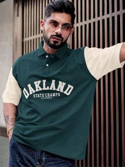 MANIAC - Dark Green Cotton Printed Oversized Polo T-Shirt